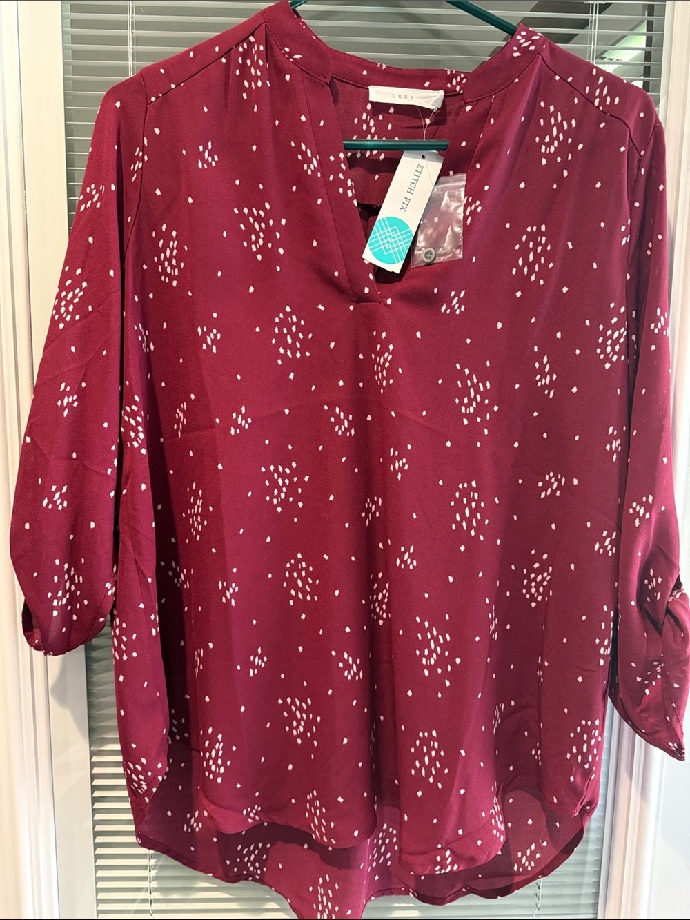 Lush Burgundy Dot-Print V-Neck Blouse
